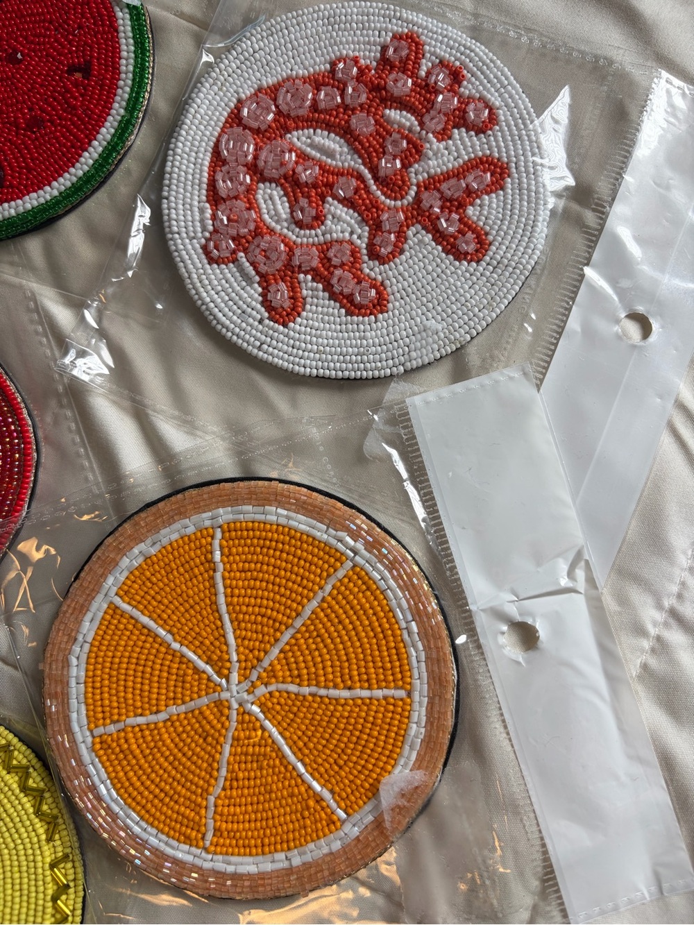 Beaded Fruit Coasters Set - Red, Orange, Yellow, Green Accents - Picture 3 of 8